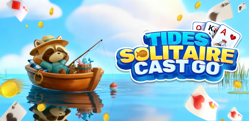A raccoon in a straw hat fishes from a wooden boat on bright water, surrounded by playing cards and gold coins, beside the Solitaire Tides: Cast Go title.